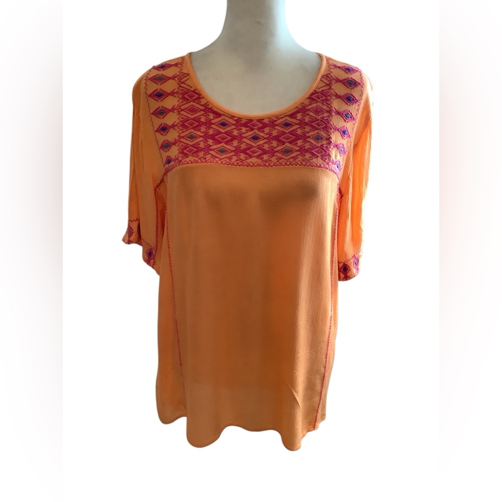 MS South Main Cinco de Mayo Style Vibrant Orange Embroidered Blouse Size S